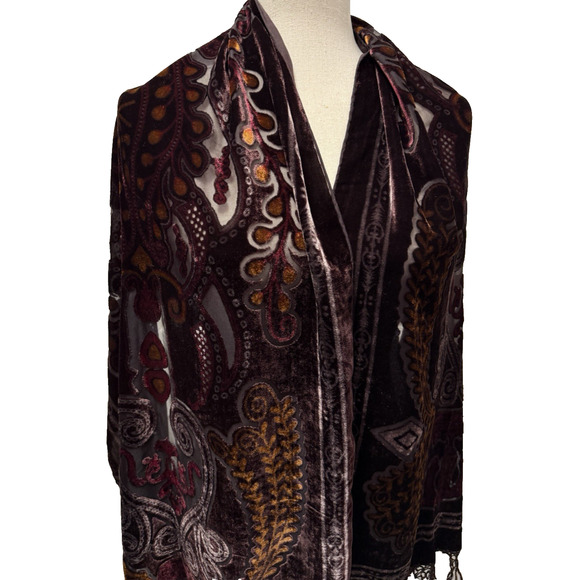 Unbranded Accessories - Silk Burnout Velvet Satin Scarf Brown Gold Tones Fringe 21x75 Inch